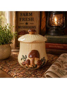 Ceramic Mushroom Canister Jar Lid Cottagecore Kitchen Decor Rustic Farmhouse